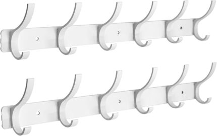 5-prong double hook rack rail mounted on a wall holding various kitchen utensils