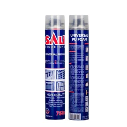 Can of Sali PU Foam with applicator gun on a construction background