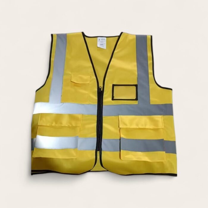 Mustard yellow reflective vests with pockets